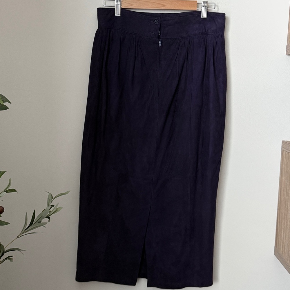 Vintage Saks Fifth Avenue Suede Leather Deep Purple Midi Skirt - Picture 3 of 12